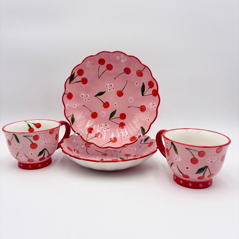 Potters Studio Cherry Blossom Bowl Cup Set Pedestal Mug Plate Pink Cottagecore